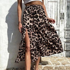 Leoaprd print High Slit Midi Skirt